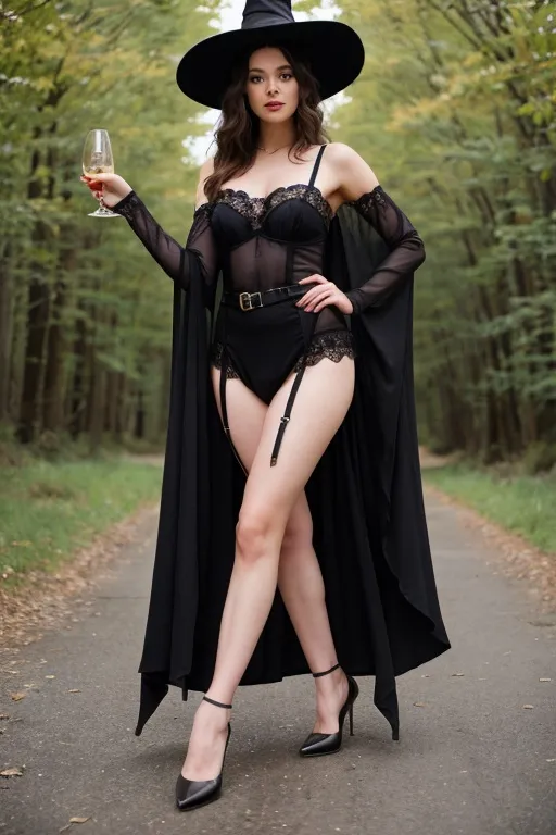 Witch costume girl on forest road, sexy cosplay — Pornpen AI image generator
